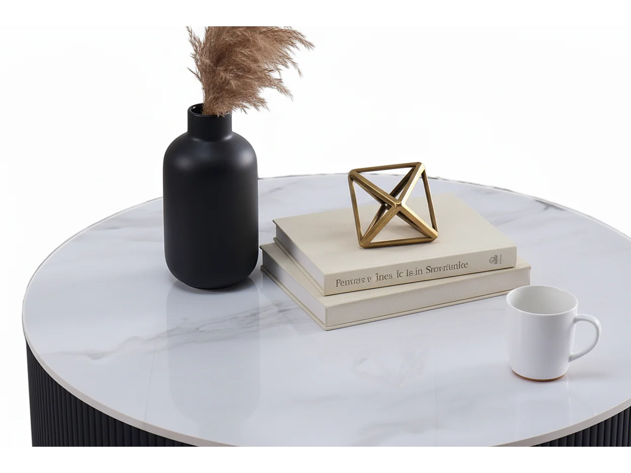 Table Basse VALMY Pieds Métal Noir Plateau Céramique Marbré Blanc D90xH45 cm