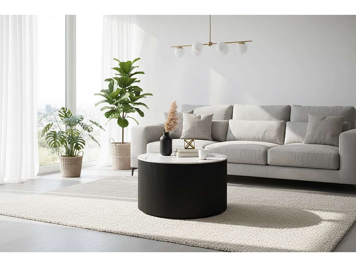 Table Basse VALMY Pieds Métal Noir Plateau Céramique Marbré Blanc D90xH45 cm