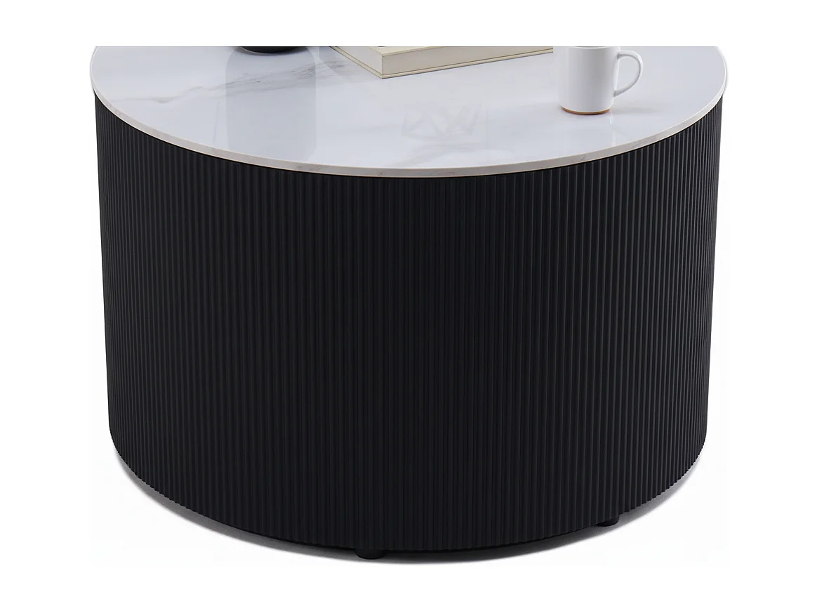 Table Basse VALMY Pieds Métal Noir Plateau Céramique Marbré Blanc D90xH45 cm