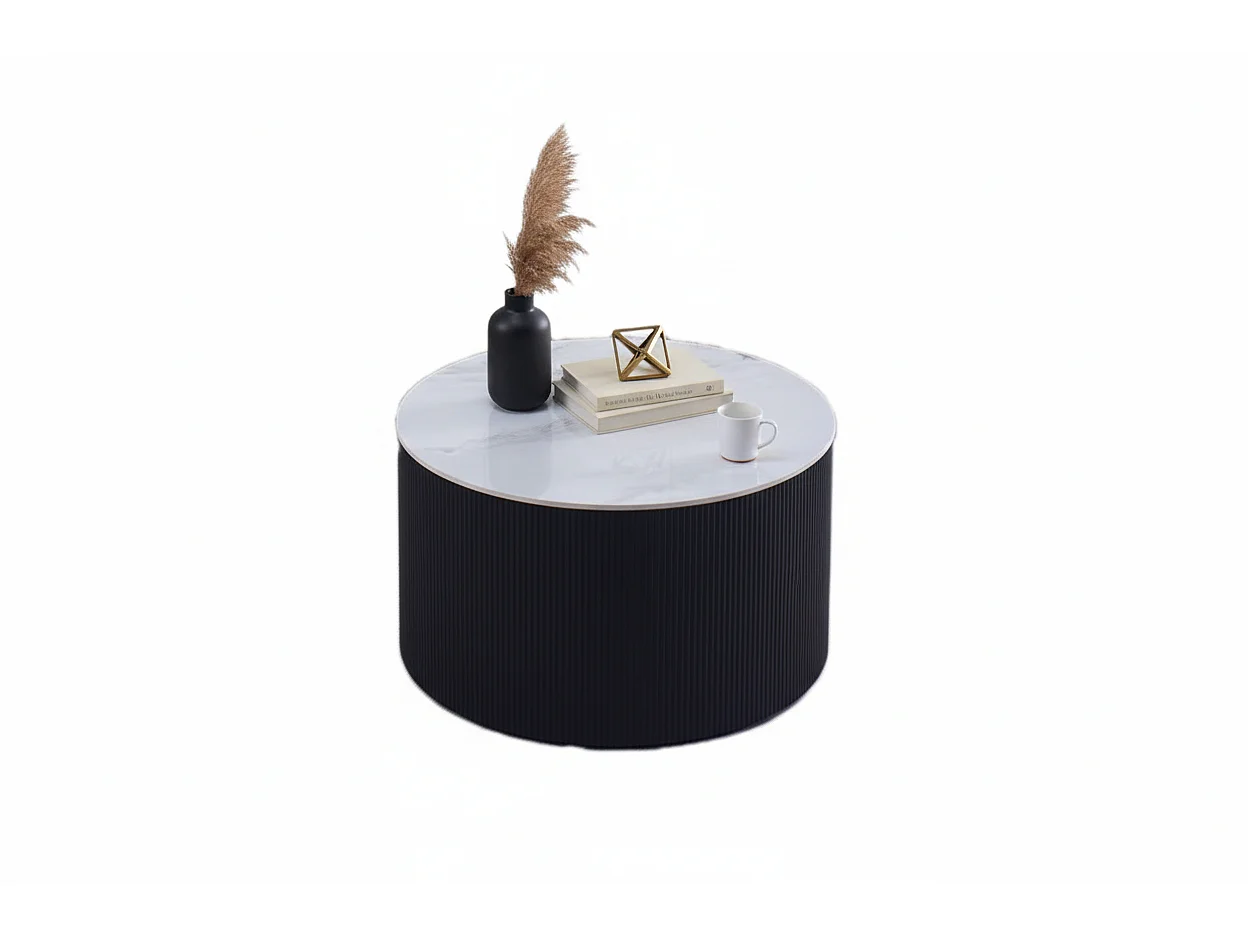 Table Basse VALMY Pieds Métal Noir Plateau Céramique Marbré Blanc D90xH45 cm