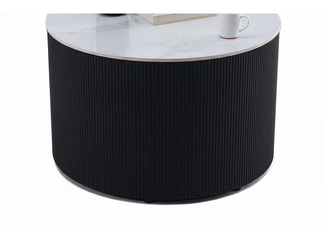 Table Basse VALMY Pieds Métal Noir Plateau Céramique Marbré Blanc D90xH45 cm
