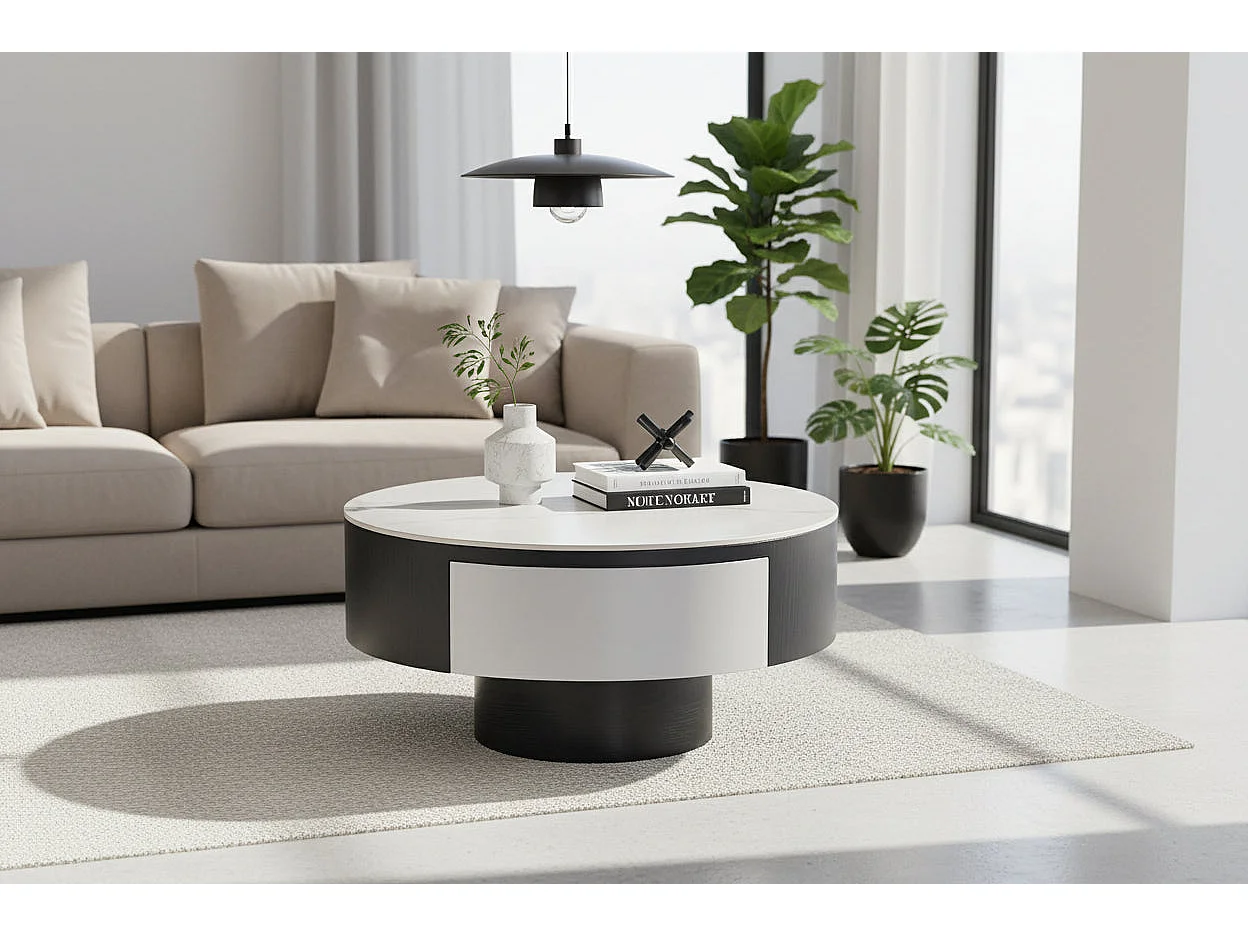 Table basse rectangulaire noir et blanc avec tiroir 80x40 cm – TORNADO