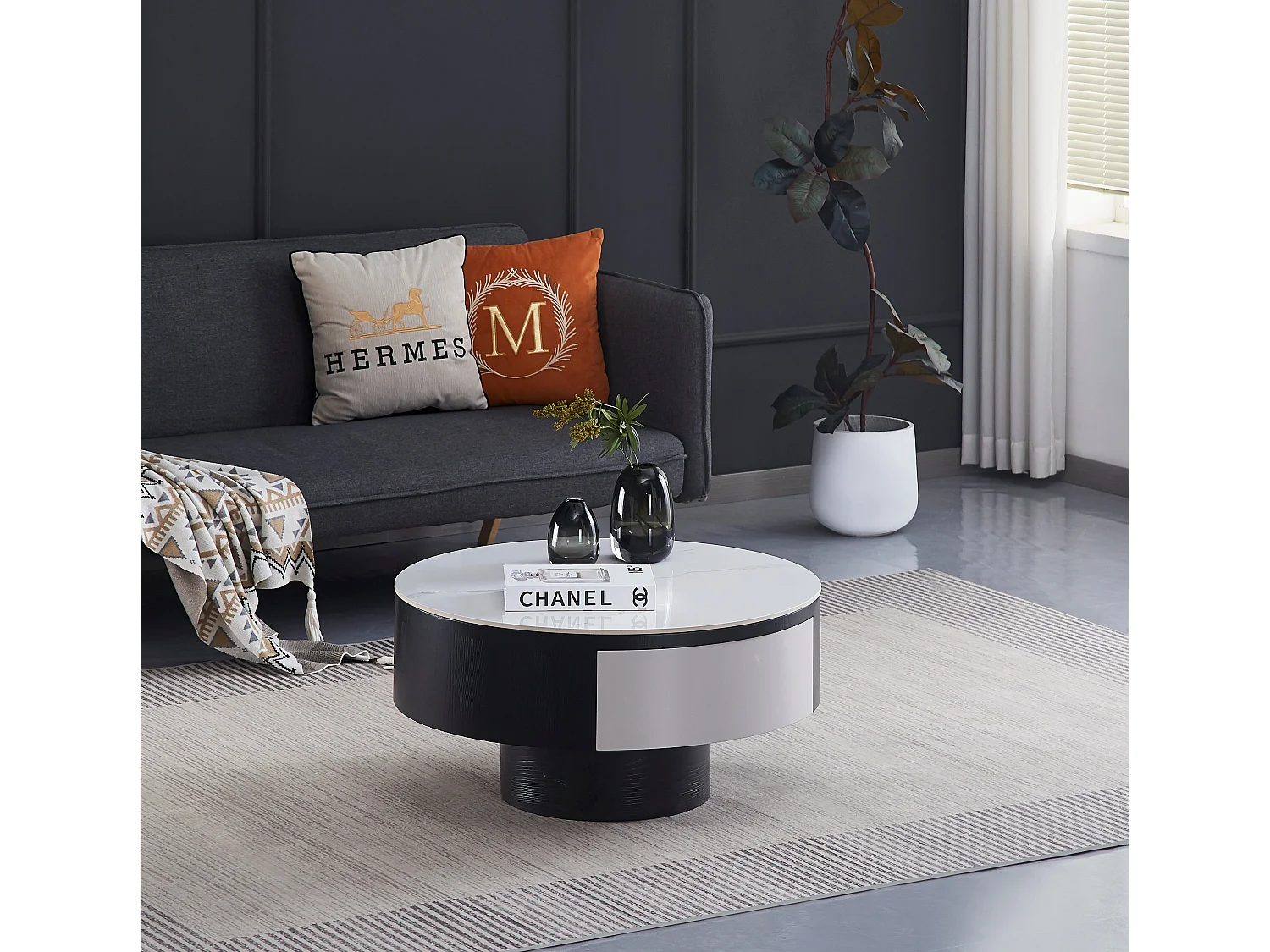 Table basse rectangulaire noir et blanc avec tiroir 80x40 cm – TORNADO