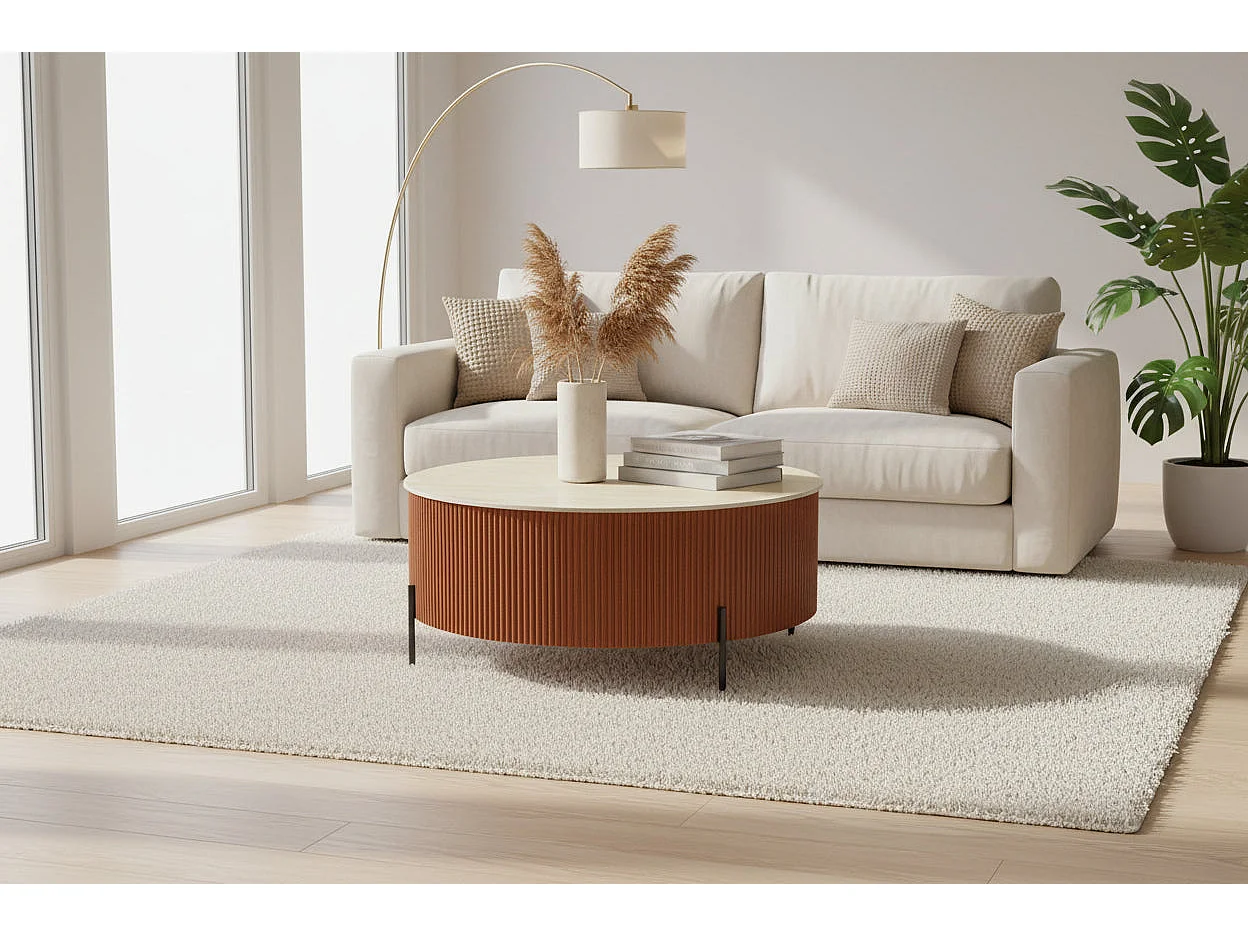 Table Basse RUBY Ronde Plateau Céramique Effet Travertin Noisette Pied Métal Noir D80xH45 cm