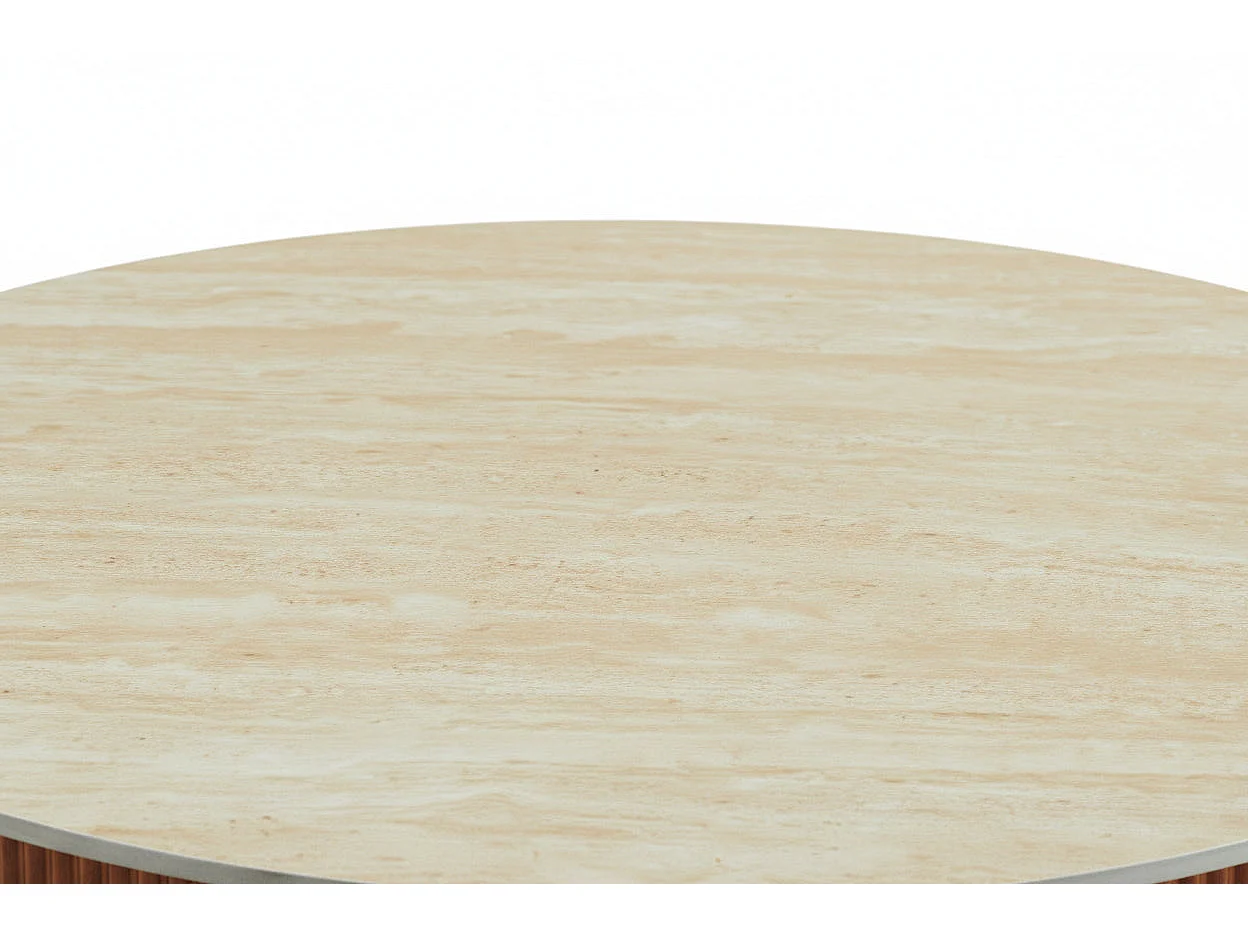 Table Basse RUBY Ronde Plateau Céramique Effet Travertin Noisette Pied Métal Noir D80xH45 cm