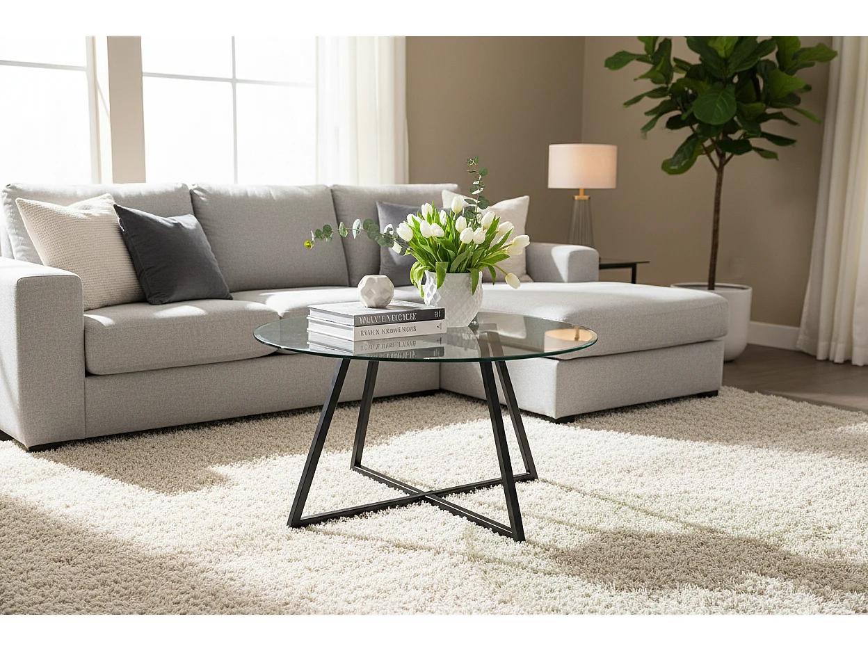 Table Basse Ronde HELOISE Métal Noir Plateau Verre Trempé Transparent D80xH45cm