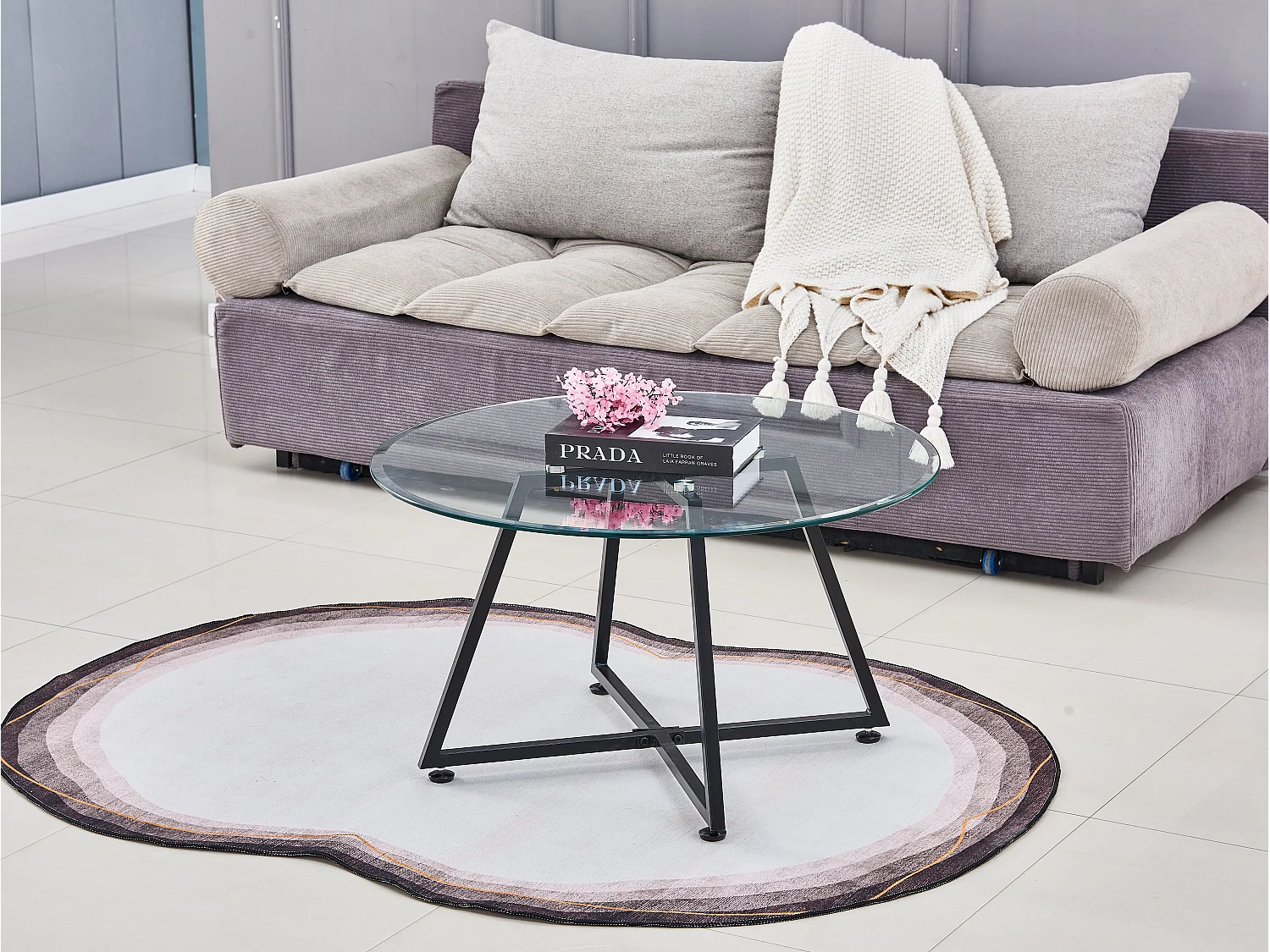 Table Basse Ronde HELOISE Métal Noir Plateau Verre Trempé Transparent D80xH45cm