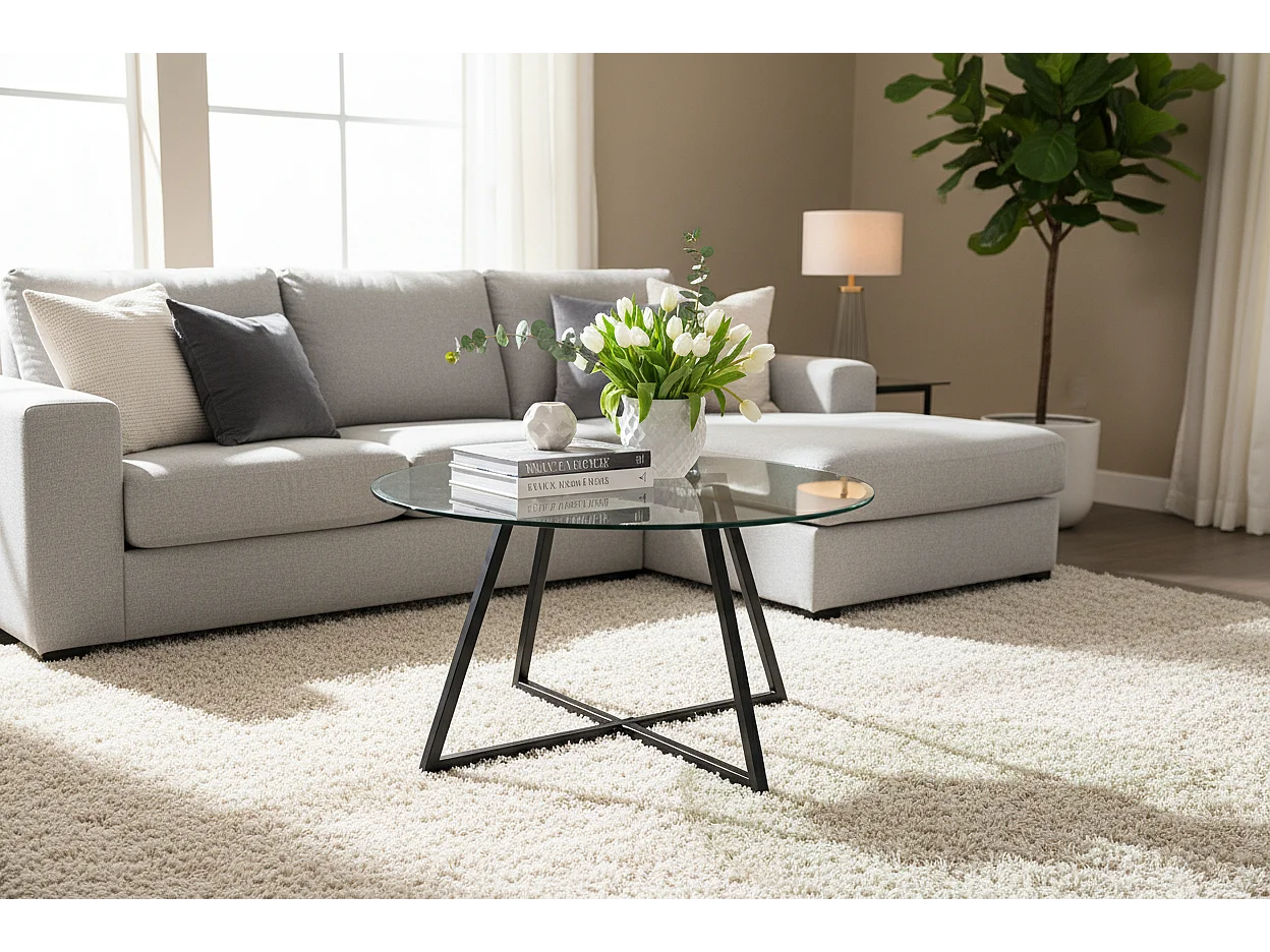 Table Basse Ronde HELOISE Métal Noir Plateau Verre Trempé Transparent D80xH45cm