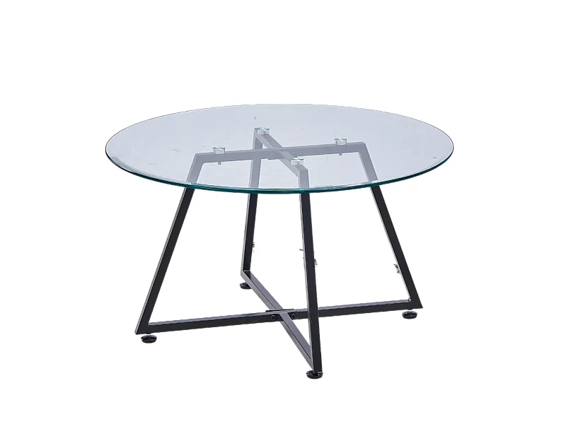 Table Basse Ronde HELOISE Métal Noir Plateau Verre Trempé Transparent D80xH45cm