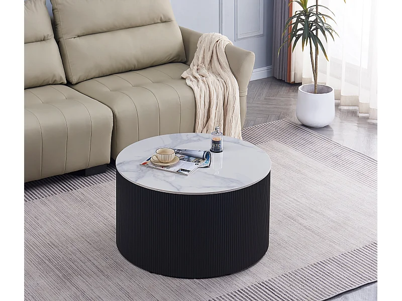 Table Basse VALMY – Pieds Noirs & Céramique Marbre – 90x45 cm