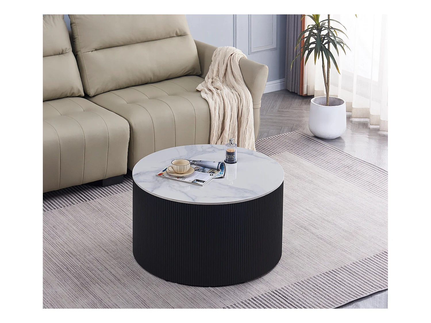 Table Basse VALMY – Pieds Noirs & Céramique Marbre – 90x45 cm