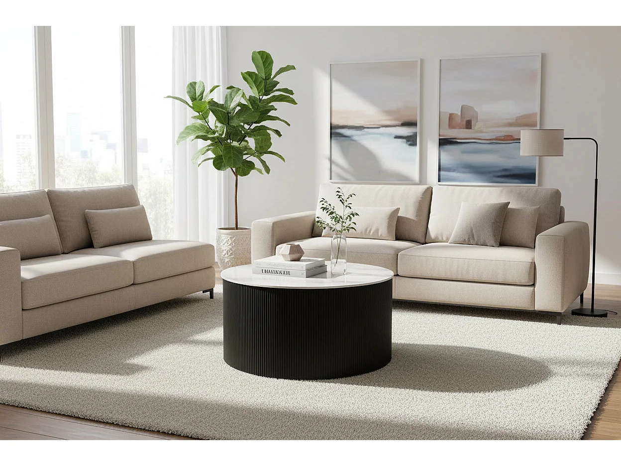 Table Basse VALMY Pieds Métal Noir Plateau Céramique Marbré Gris D90xH45 cm