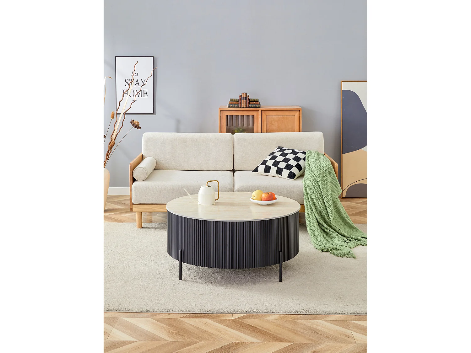 Table Basse RUBY Ronde Plateau Céramique Effet Travertin Noir Pied Métal Noir D90xH45 cm