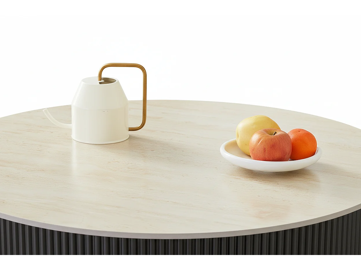 Table Basse RUBY Ronde Plateau Céramique Effet Travertin Noir Pied Métal Noir D90xH45 cm