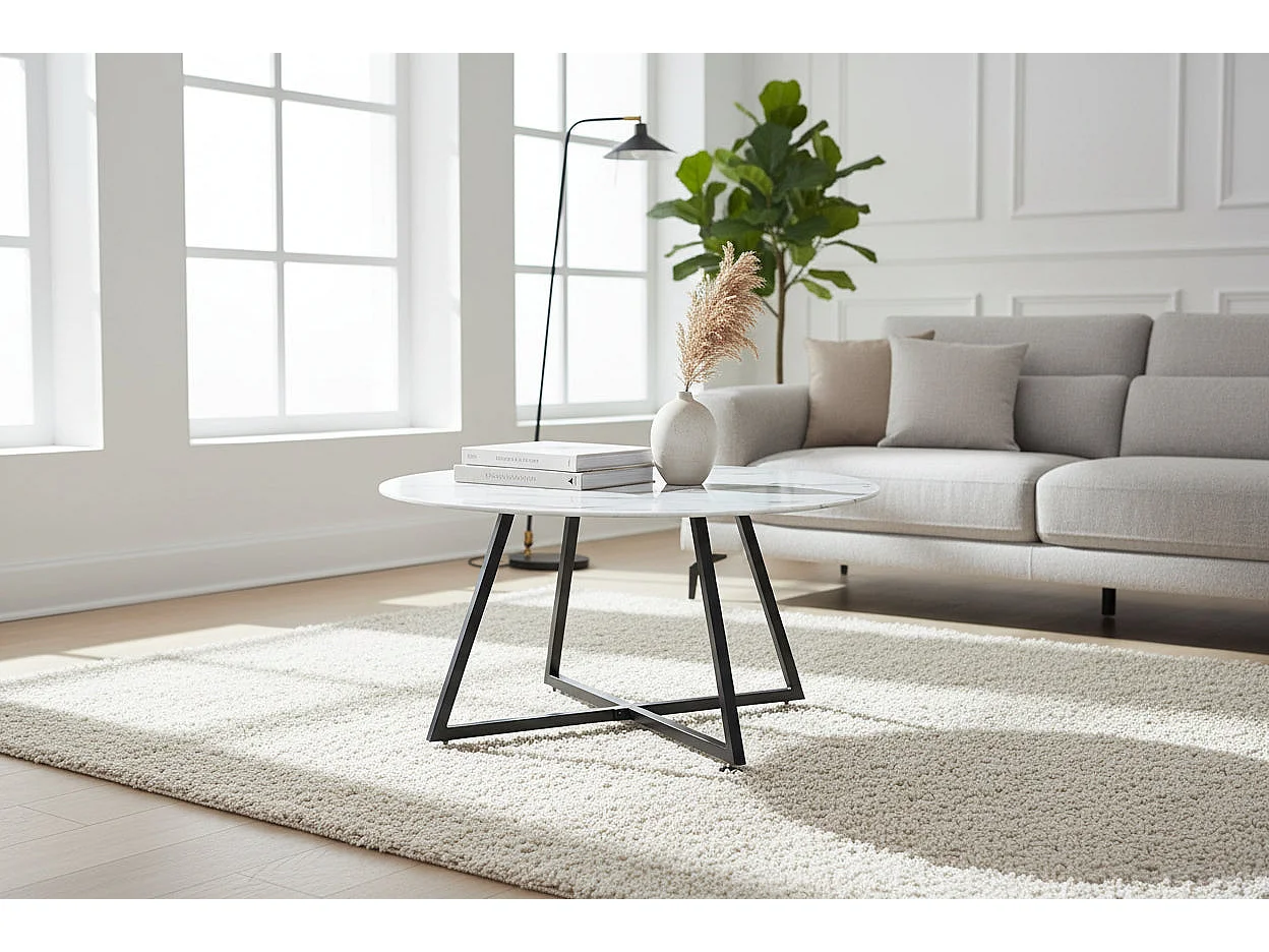 Table Basse Ronde HELOISE Métal Noir Plateau Céramique Effet Marbre Blanc D80xH45cm