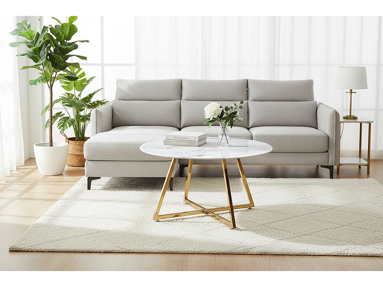 Table Basse Ronde HELOISE Métal Gold Plateau Céramique Effet Marbre Blanc D80xH45cm