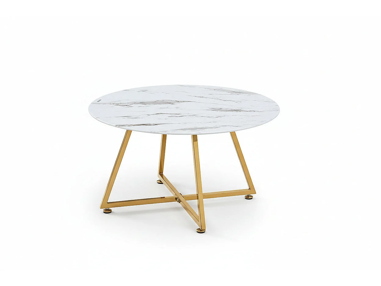 Table Basse Ronde Métal Gold Plateau Effet Marbre Blanc D80xH45cm