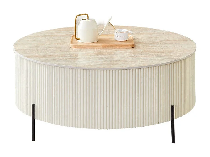 Table Basse RUBY – Ø100 cm – Céramique Effet Travertin – Pied Métal