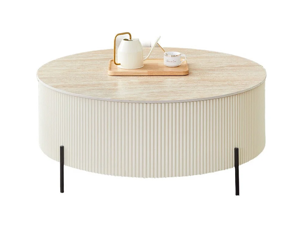 Table Basse RUBY – Ø100 cm – Céramique Effet Travertin – Pied Métal