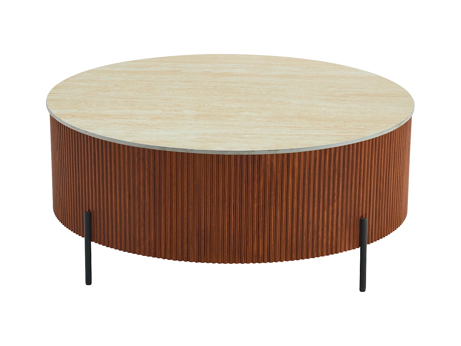 Table Basse RUBY – Ø100 cm – Céramique Effet Travertin – Pied Métal