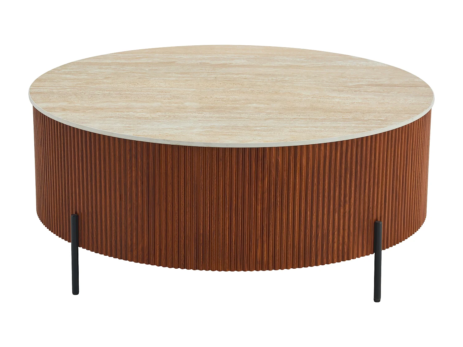 Table Basse RUBY – Ø100 cm – Céramique Effet Travertin – Pied Métal