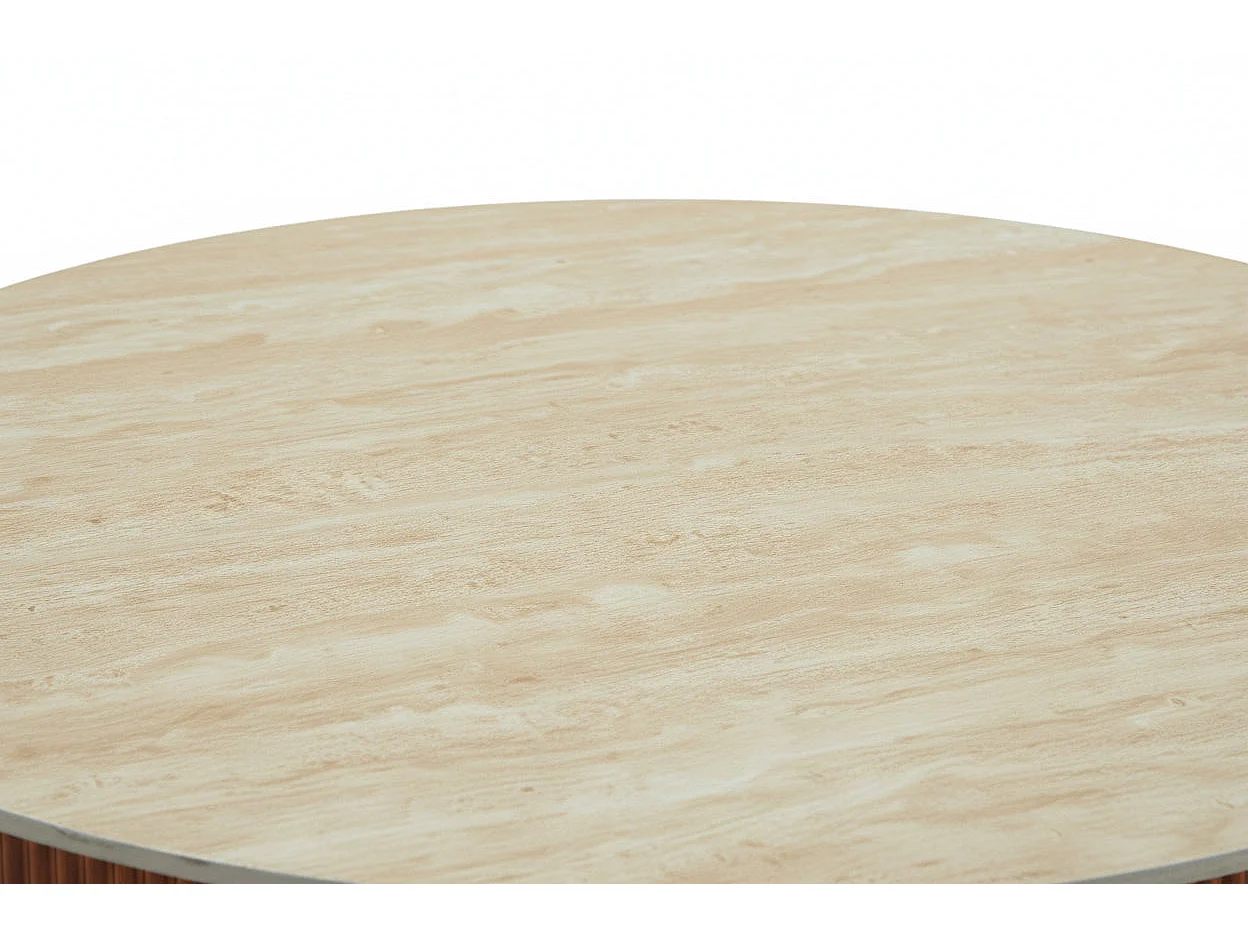 Table Basse RUBY Ronde Plateau Céramique Effet Travertin Noisette Pied Métal Noir D100xH45 cm