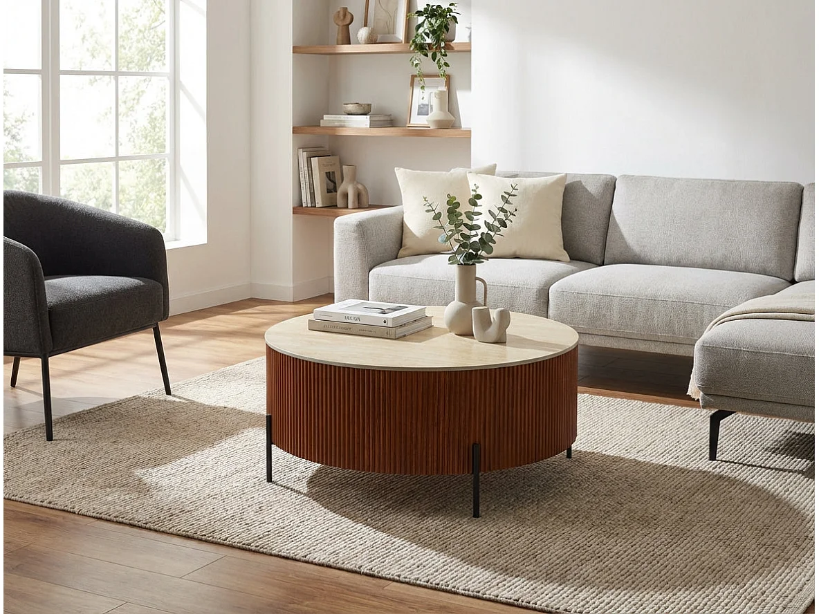 Table Basse Ronde Céramique Effet Travertin Noisette D100xH45 cm RUBY