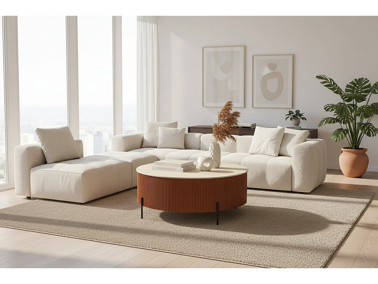 Table Basse Ronde Céramique Effet Travertin Noisette D100xH45 cm RUBY