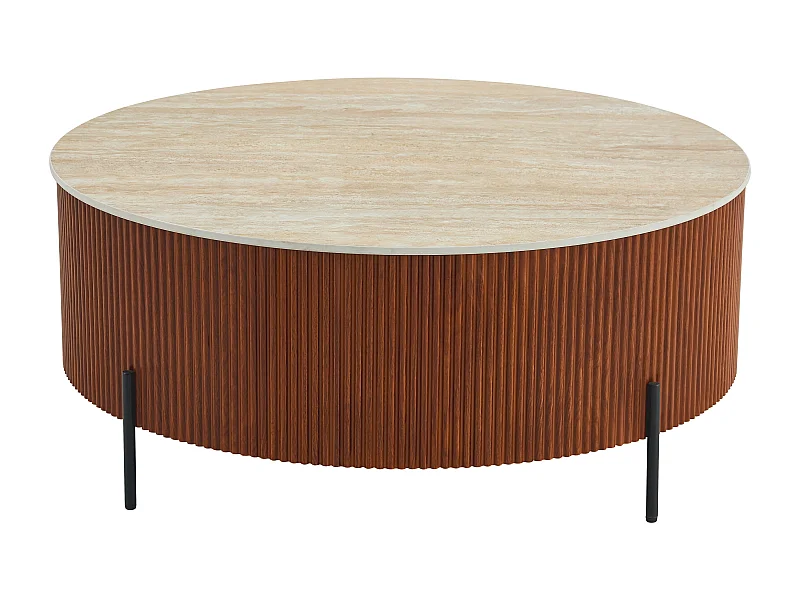 Table Basse RUBY – Ø100 cm – Céramique Effet Travertin – Pied Métal