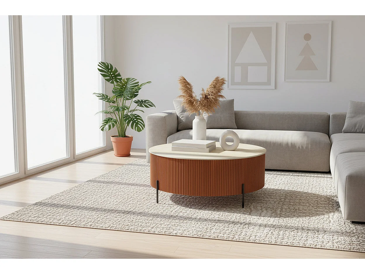 Table Basse RUBY Ronde Plateau Céramique Effet Travertin Noisette Pied Métal Noir D90xH45 cm