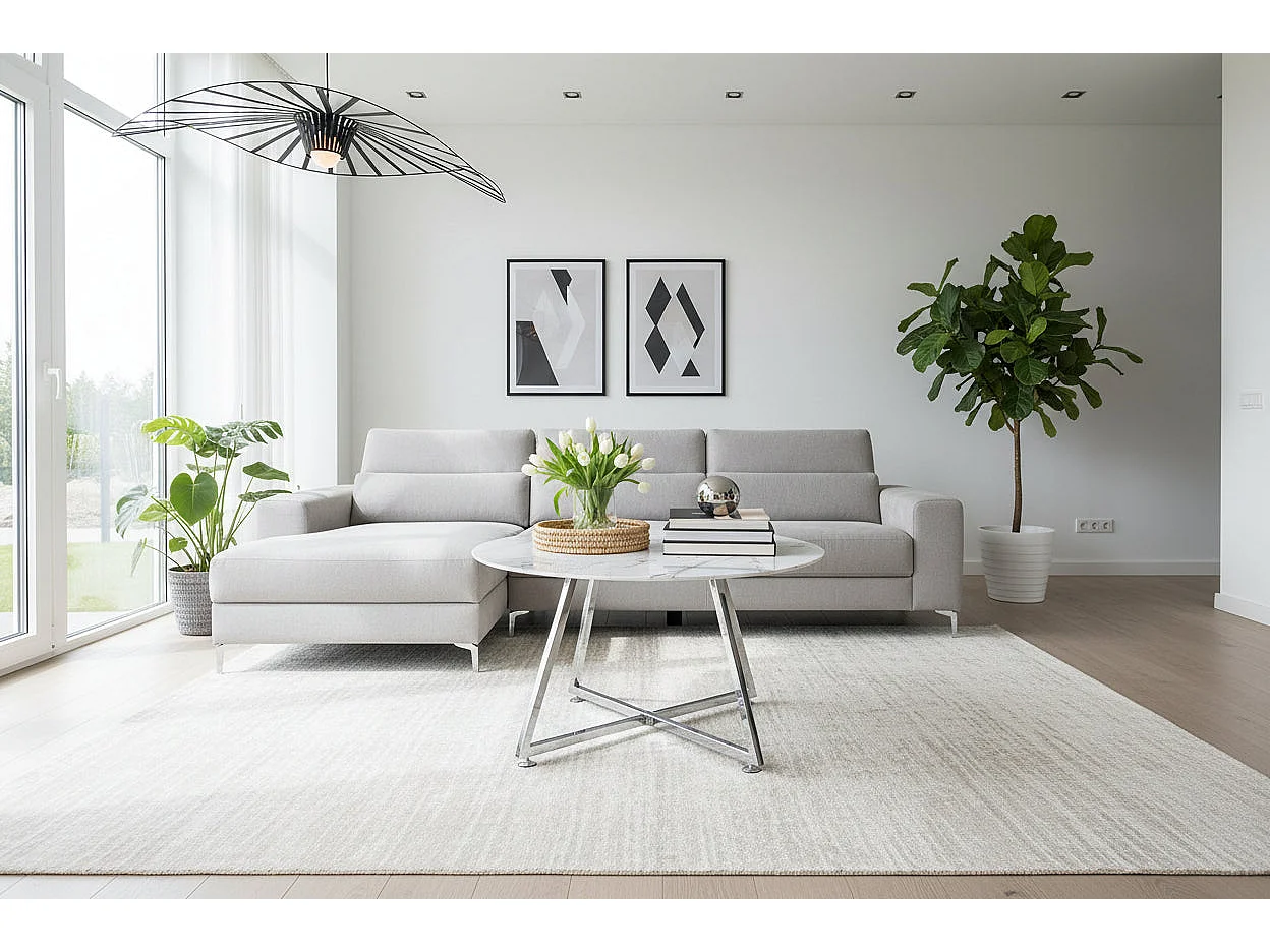 Table Basse Ronde HELOISE Métal Chrome Plateau Céramique Effet Marbre Blanc D80xH45cm