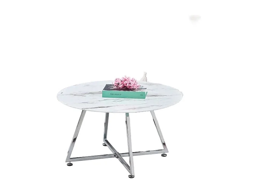 Table Basse Ronde HELOISE Métal Chrome Plateau Céramique Effet Marbre Blanc D80xH45cm