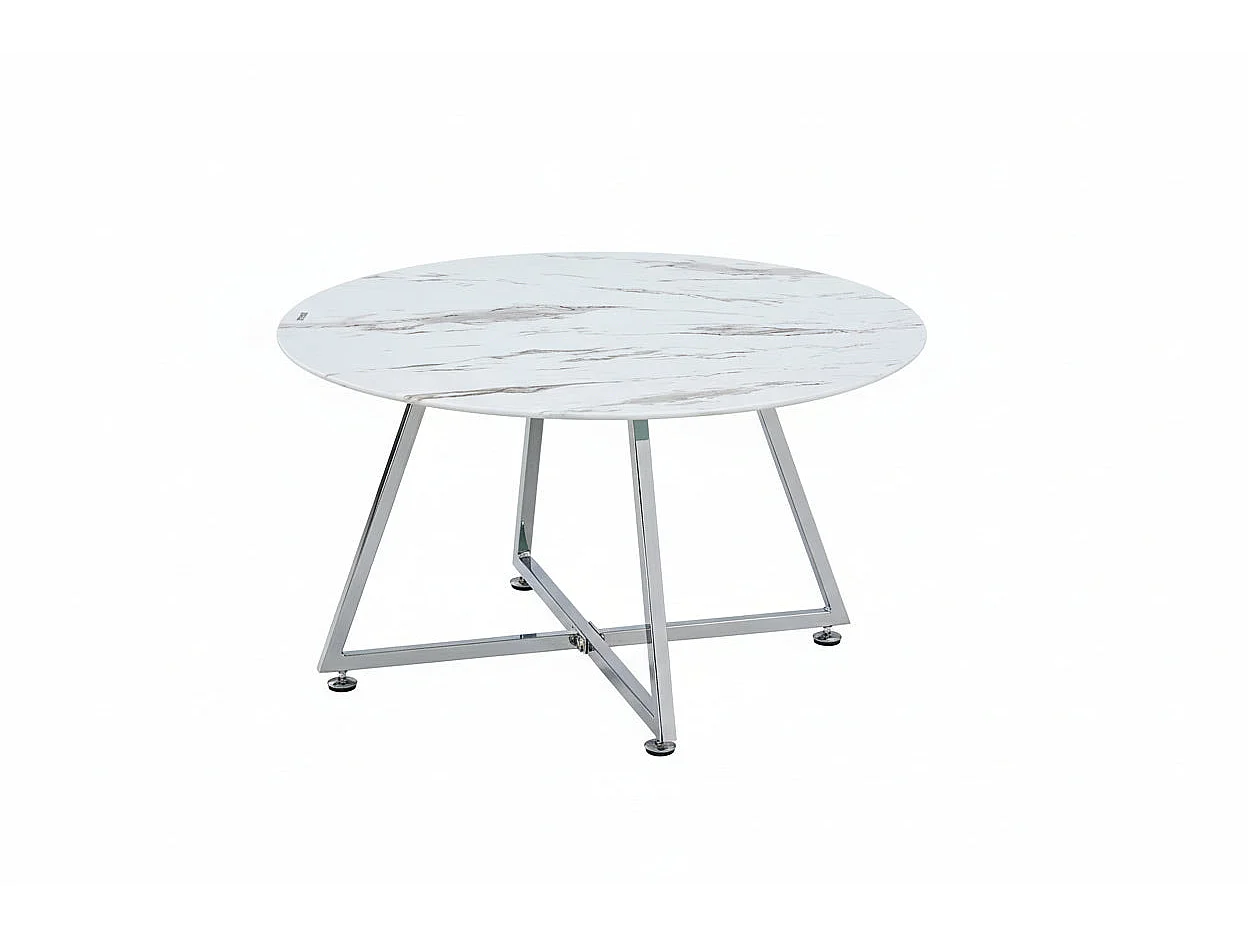 Table Basse Ronde HELOISE Métal Chrome Plateau Céramique Effet Marbre Blanc D80xH45cm