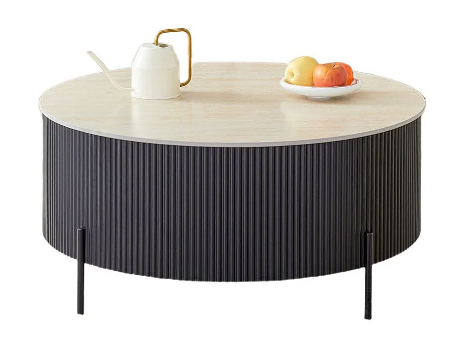 Table Basse RUBY – Ø100 cm – Céramique Effet Travertin – Pied Métal