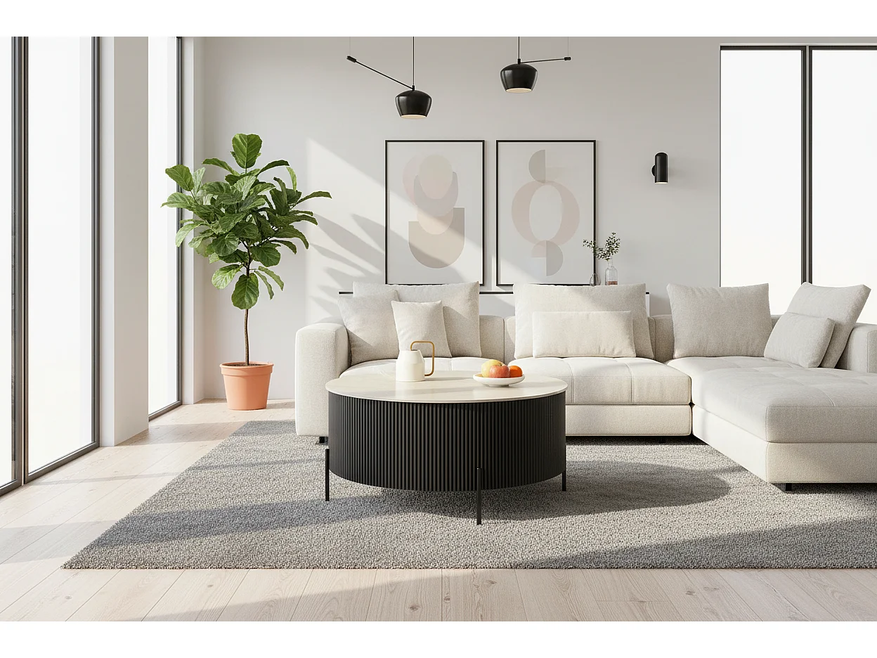 Table Basse RUBY Ronde Plateau Céramique Effet Travertin Noir Pied Métal Noir D100xH45 cm