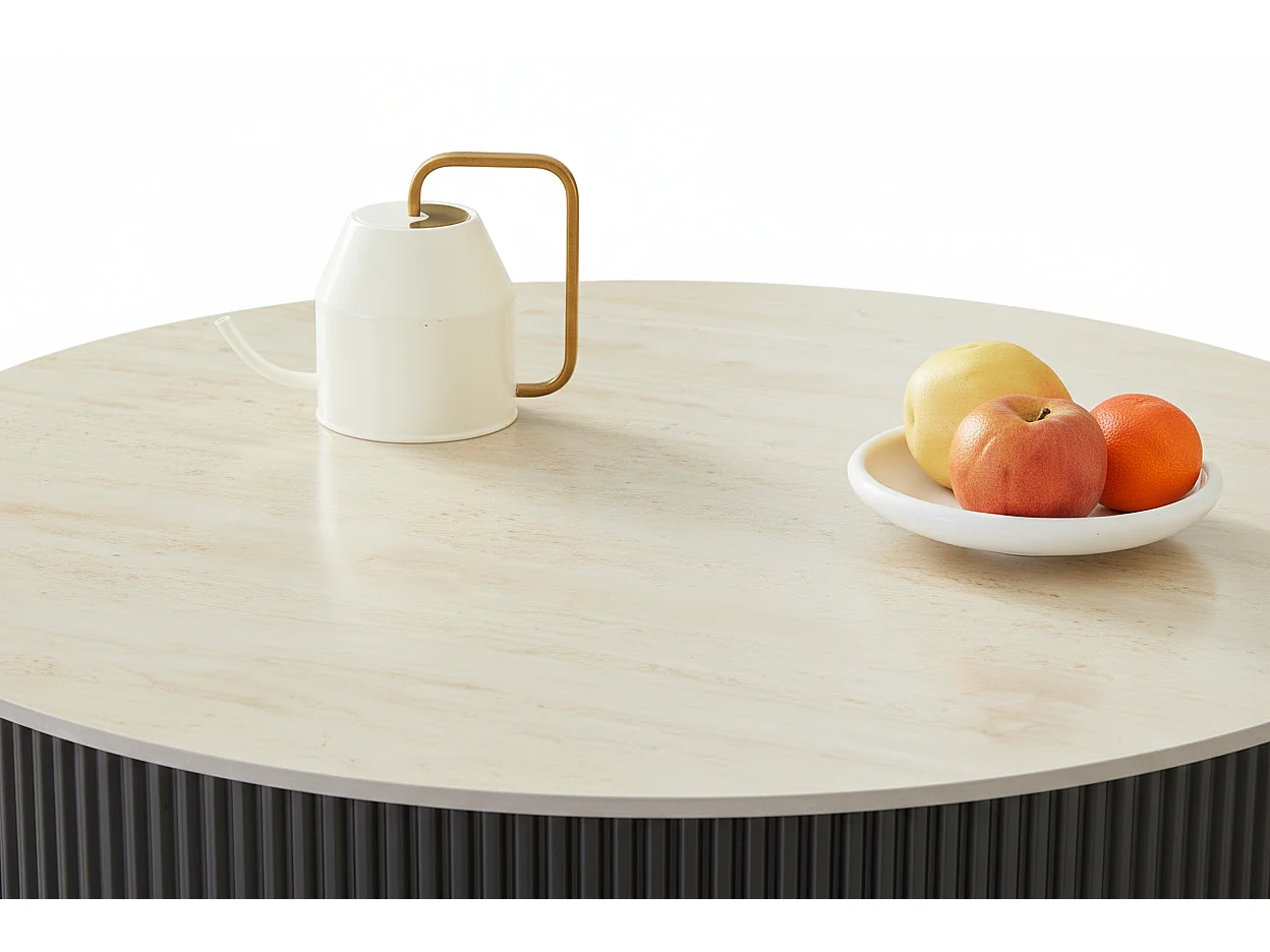 Table Basse RUBY Ronde Plateau Céramique Effet Travertin Noir Pied Métal Noir D100xH45 cm