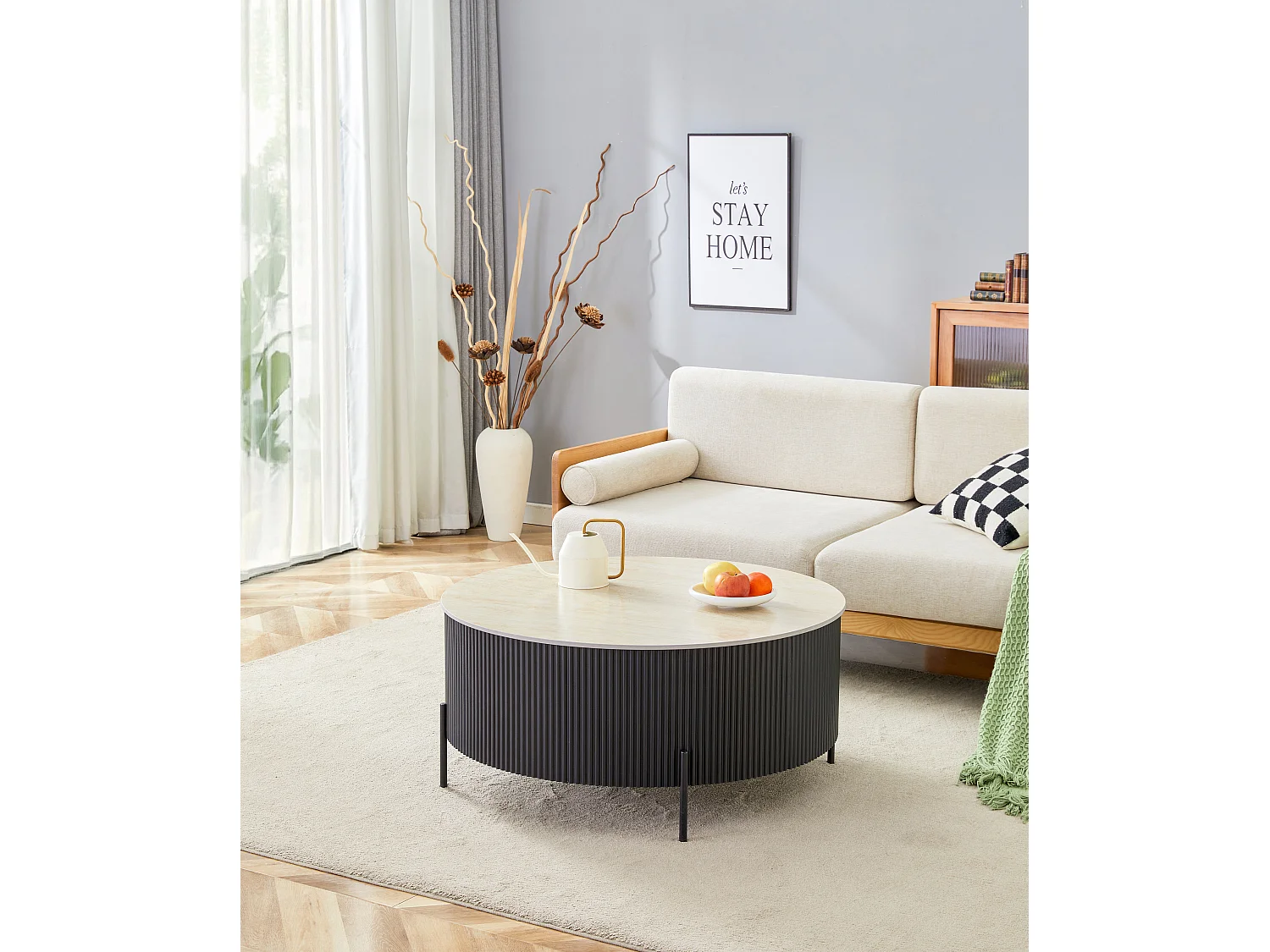 Table Basse RUBY Ronde Plateau Céramique Effet Travertin Noir Pied Métal Noir D100xH45 cm