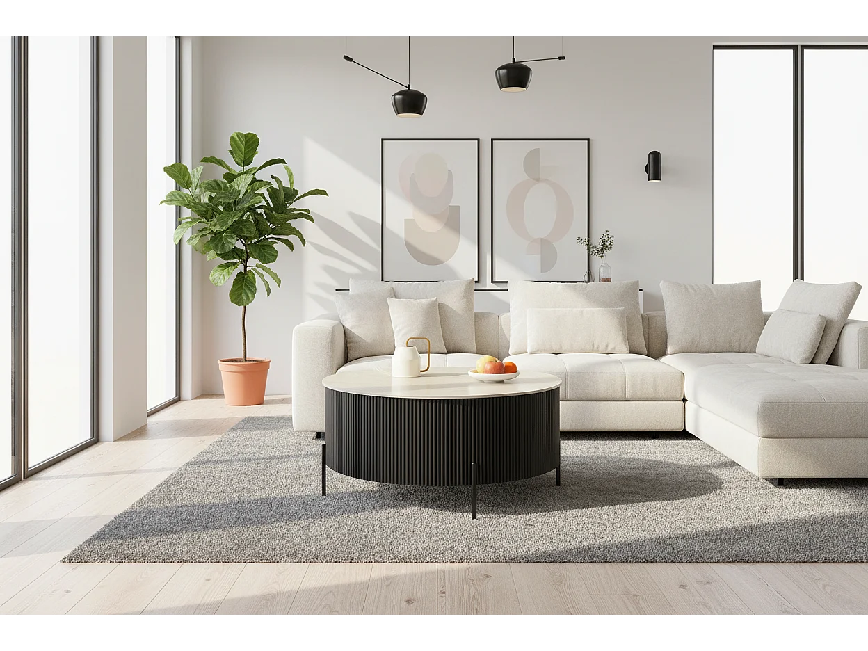 Table Basse RUBY Ronde Plateau Céramique Effet Travertin Noir Pied Métal Noir D100xH45 cm