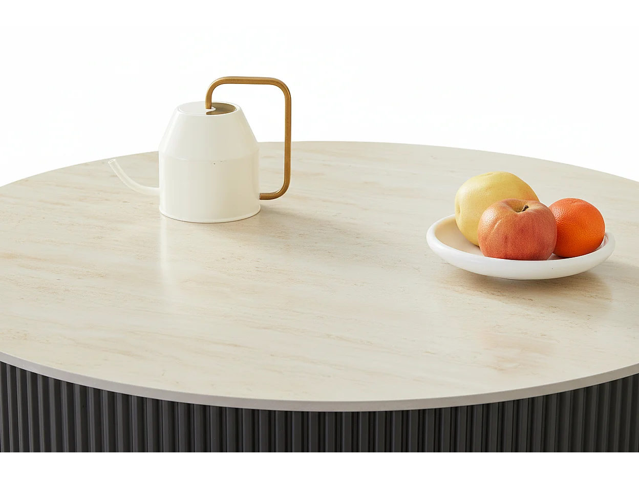 Table Basse RUBY Ronde Plateau Céramique Effet Travertin Noir Pied Métal Noir D100xH45 cm