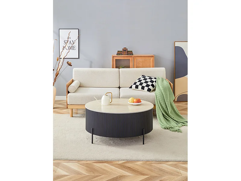 Table Basse RUBY Ronde Plateau Céramique Effet Travertin Noir Pied Métal Noir D100xH45 cm