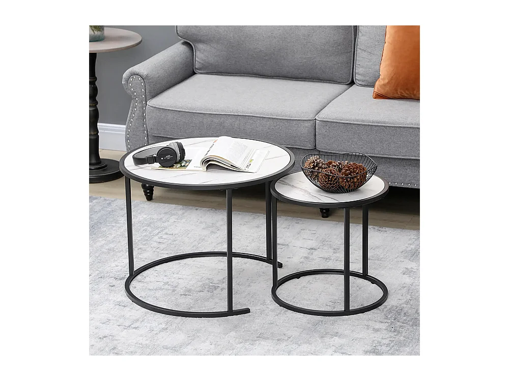 Lot de 2 Tables Basses Rondes gigogne empilables Plateau en bois aspect marbre et Pieds en métal Noir