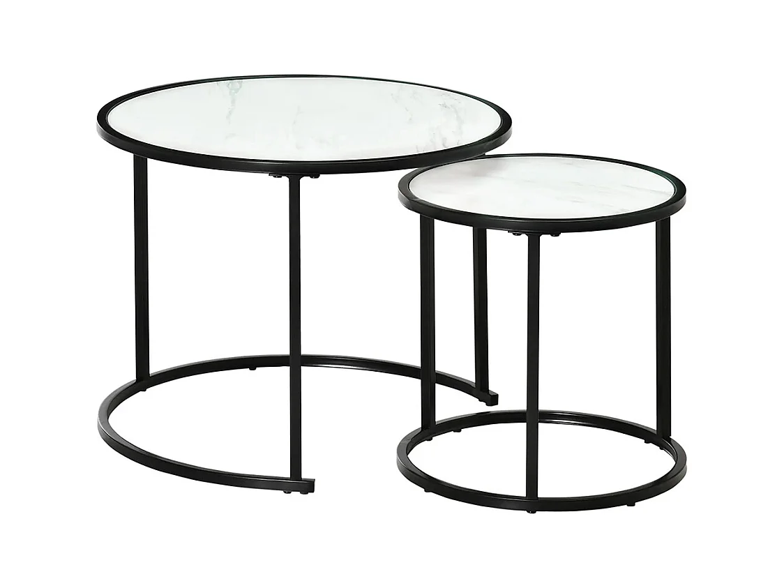 Lot de 2 Tables Basses Rondes gigogne empilables Plateau en bois aspect marbre et Pieds en métal Noir