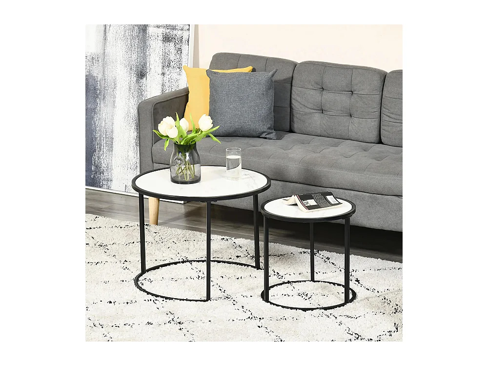 Lot de 2 Tables Basses Rondes gigogne empilables Plateau en bois aspect marbre et Pieds en métal Noir