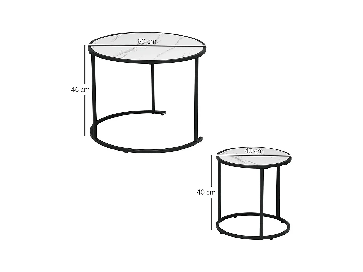 Lot de 2 Tables Basses Rondes gigogne empilables Plateau en bois aspect marbre et Pieds en métal Noir