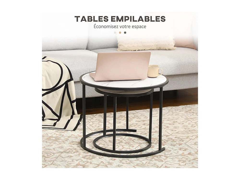 Lot de 2 Tables Basses Rondes gigogne empilables Plateau en bois aspect marbre et Pieds en métal Noir
