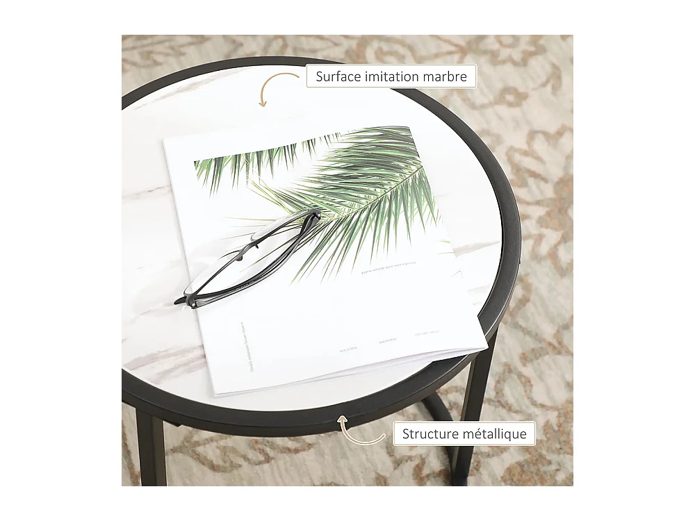 Lot de 2 Tables Basses Rondes gigogne empilables Plateau en bois aspect marbre et Pieds en métal Noir