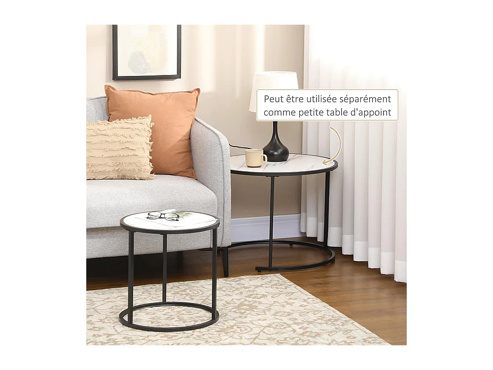 Lot de 2 Tables Basses Rondes gigogne empilables Plateau en bois aspect marbre et Pieds en métal Noir