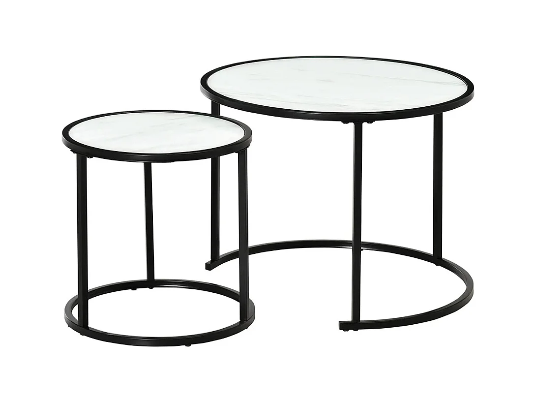 Lot de 2 Tables Basses Rondes gigogne empilables Plateau en bois aspect marbre et Pieds en métal Noir