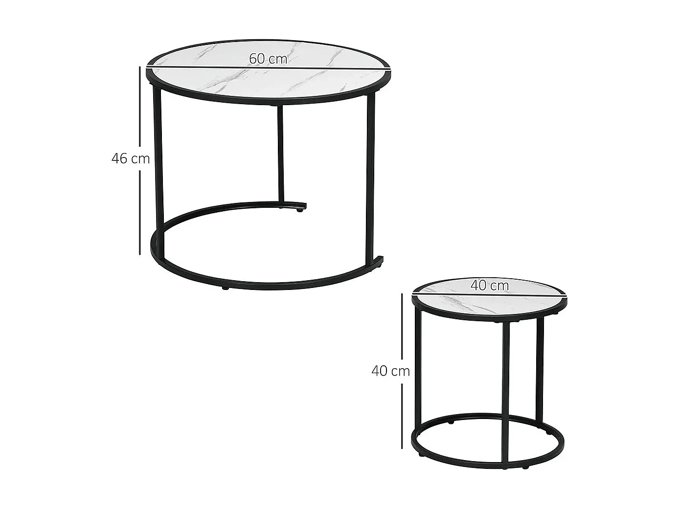 Lot de 2 Tables Basses Rondes gigogne empilables Plateau en bois aspect marbre et Pieds en métal Noir