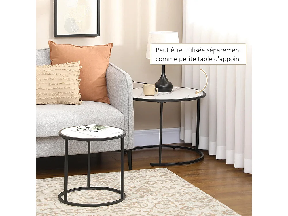 Lot de 2 Tables Basses Rondes gigogne empilables Plateau en bois aspect marbre et Pieds en métal Noir